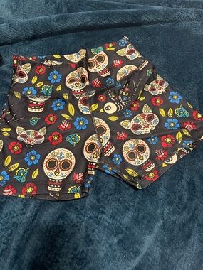 Women's Black Sugar Skull Athletic Shorts with Colorful Floral Print
